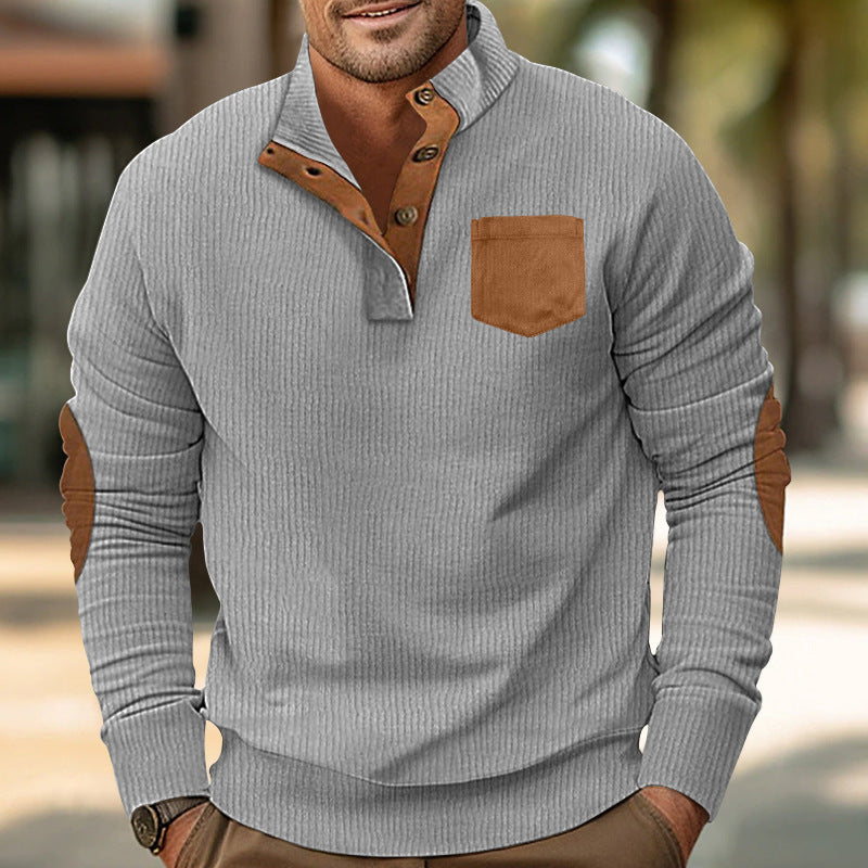 Herren eleganter Strickpullover mit Knopfleiste und kontrastierenden Ellbogenpatches Aliams
