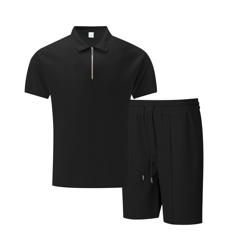 Herren sportliches Kurzarm-Poloshirt und Shorts-Set mit Reißverschluss Aliams