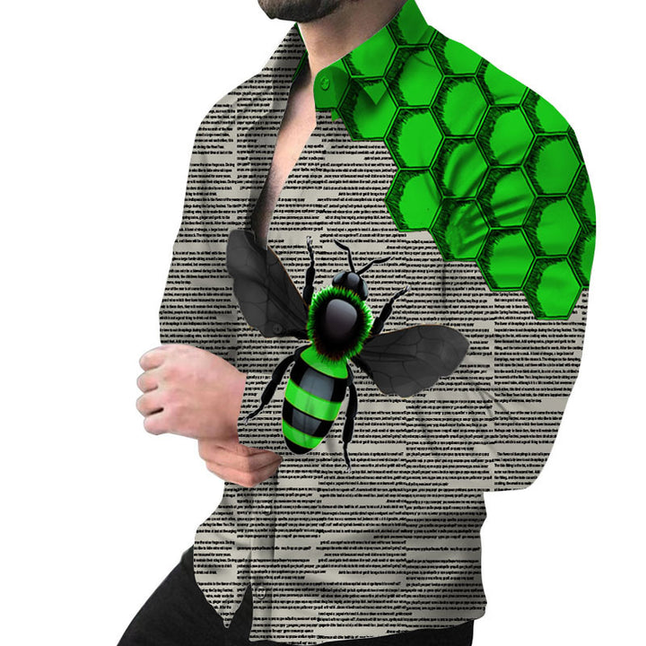 Herren Kreatives Langarmhemd mit künstlerischem Bienenmuster und strukturiertem Design Aliams