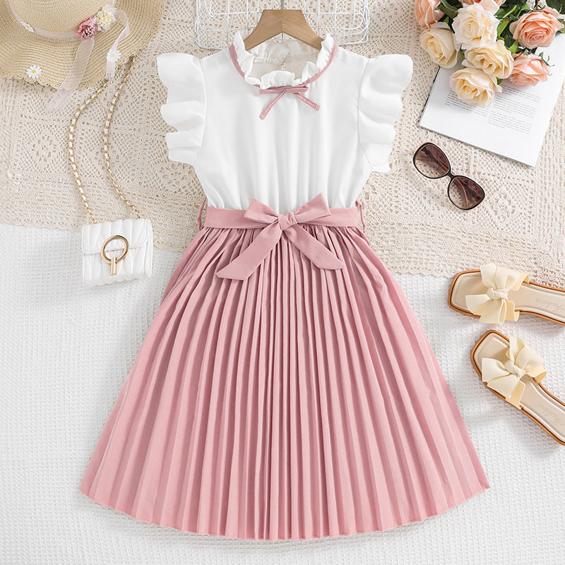 Mädchen Faltenrockkleid mit Puffärmeln und Taillenknoten Aliams