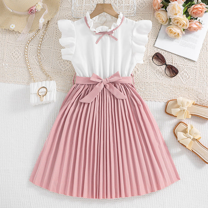 Mädchen Faltenrockkleid mit Puffärmeln und Taillenknoten Aliams