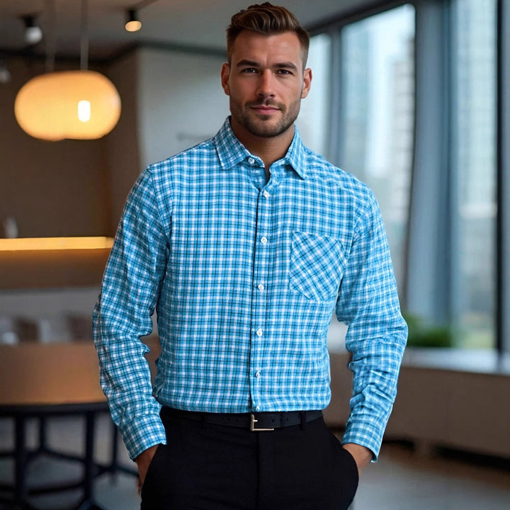 Herren kariertes Langarmhemd mit stilvollem Brusttaschen-Design Aliams