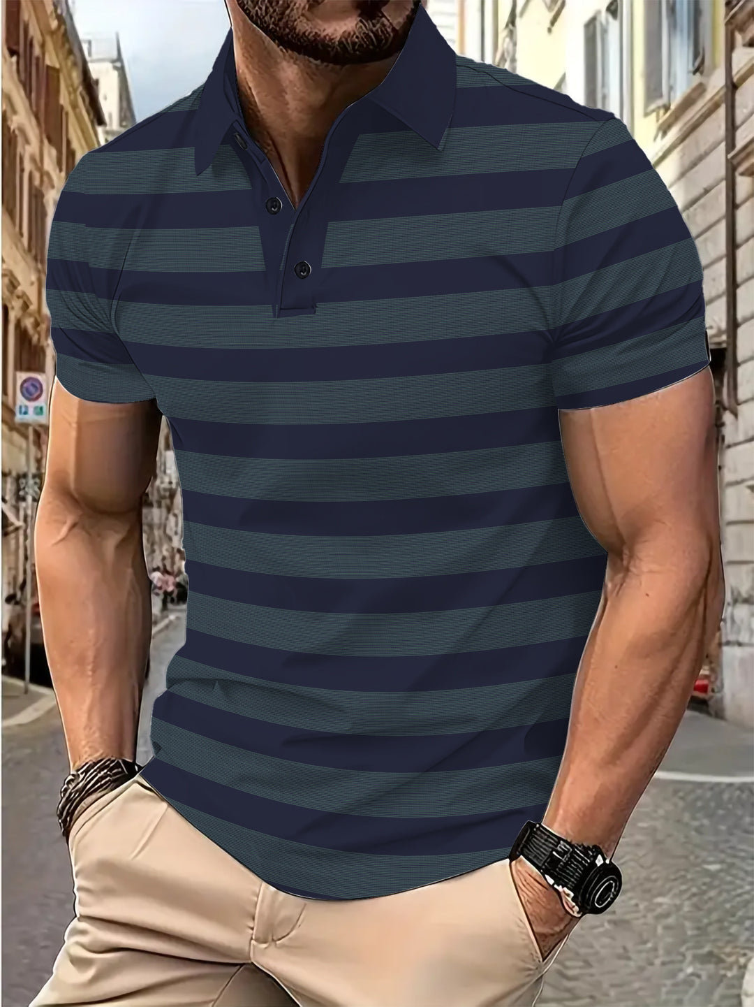 Herren Kurzarm Poloshirt mit gestreiftem Design und atmungsaktivem Stoff Aliams