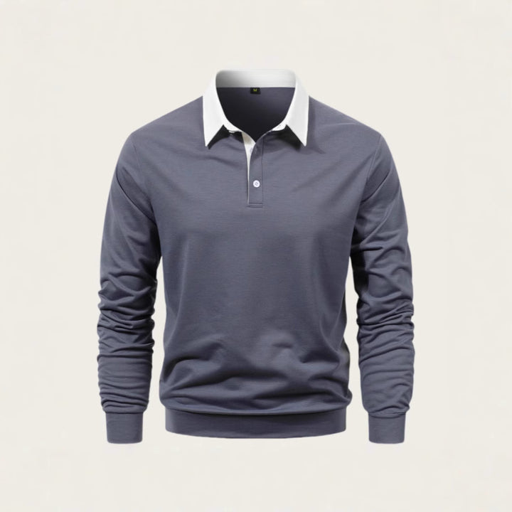 Herren elegantes Langarm-Polohemd mit kontrastierendem Kragen und hochwertiger Baumwolle Aliams