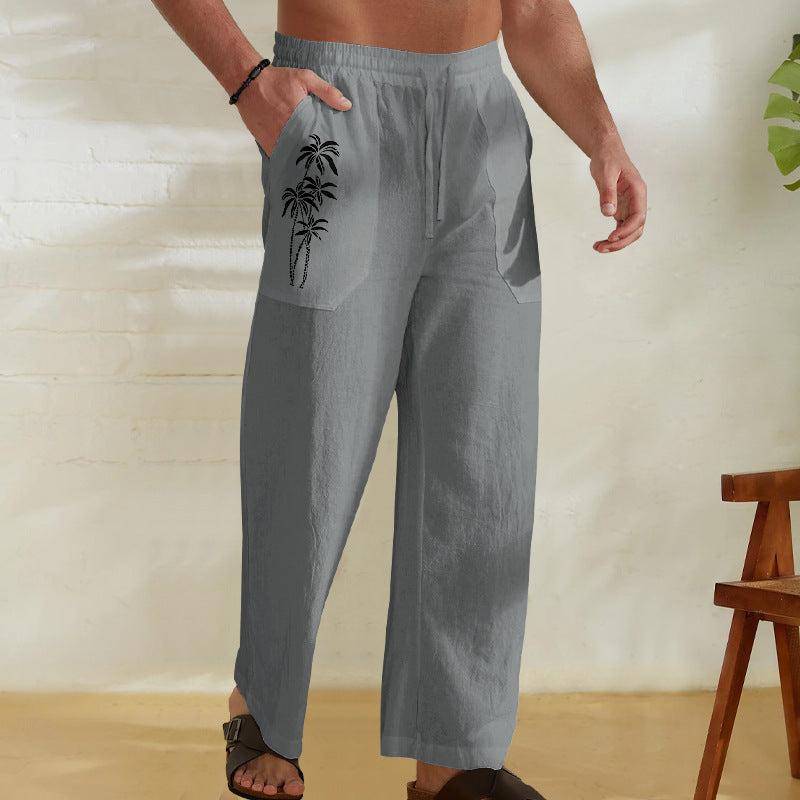 Herren Bequeme Leinenhose mit praktischem Kordelzug und Palmendruck Aliams
