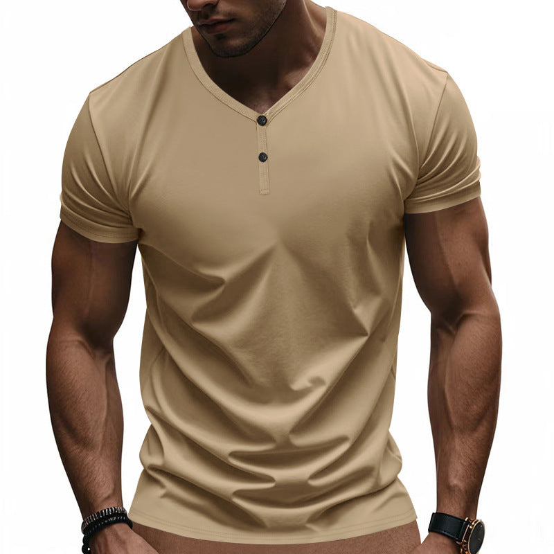 Herren Kurzarm Henley-T-Shirt mit modischem V-Ausschnitt und Knopfdetails Aliams