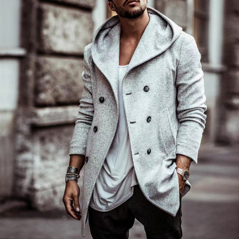 Herren urbaner Mantel mit oversized Kapuze und doppelter Knopfleiste Aliams