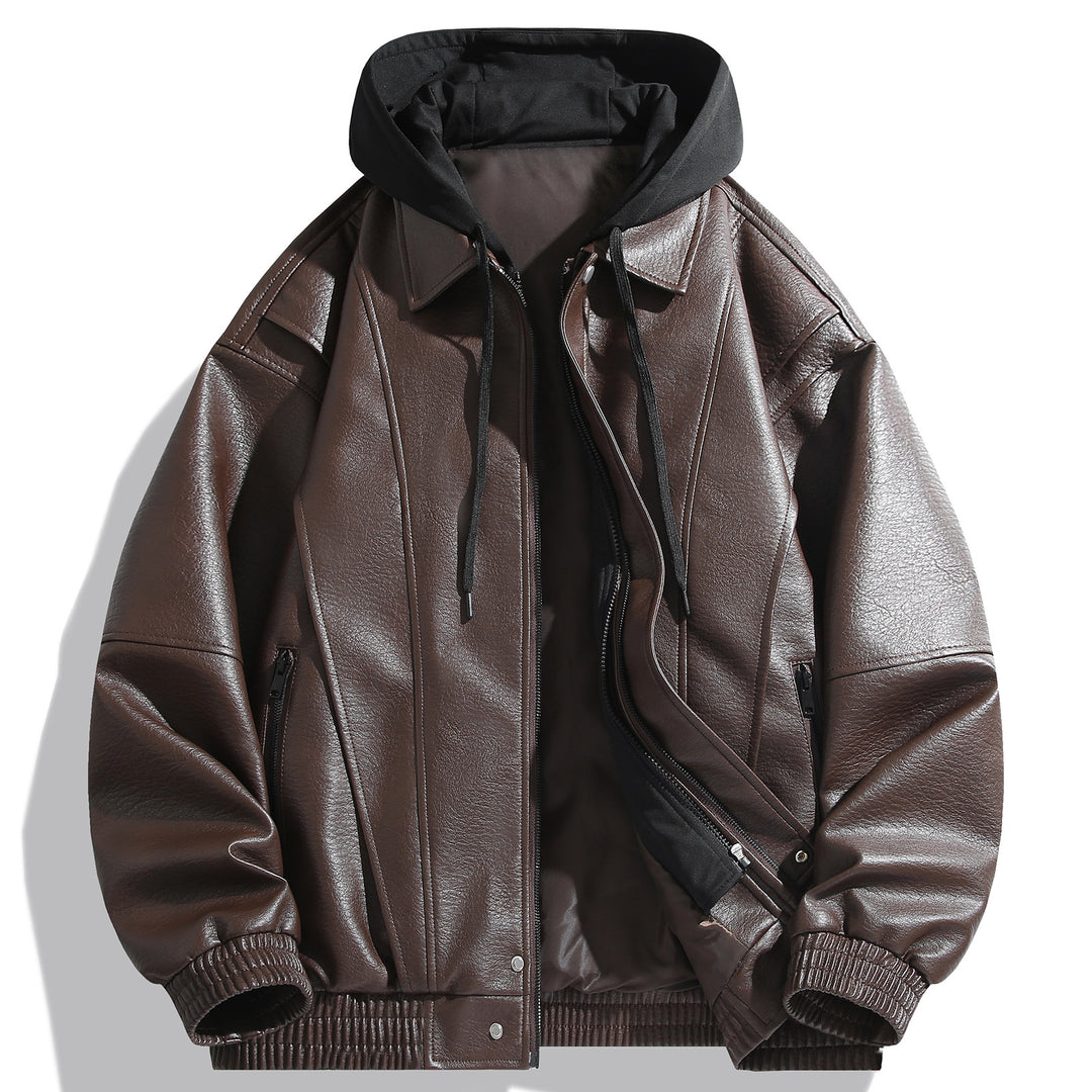 Herren Kunstlederjacke mit abnehmbarer Kapuze und funktionalen Taschen Aliams