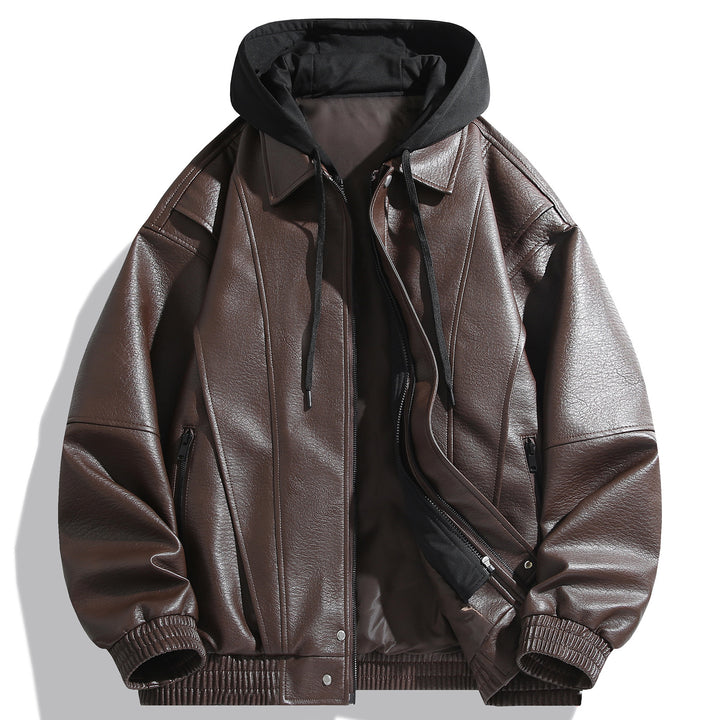 Herren Kunstlederjacke mit abnehmbarer Kapuze und funktionalen Taschen Aliams