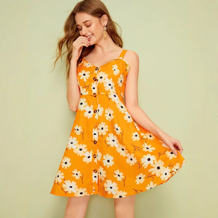 Damen Sommerkleid mit Blumenmuster und Knopfleiste Aliams