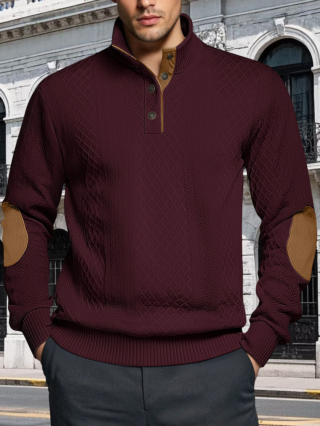 Herren Strickpullover mit strukturiertem Design und Lederpatches Aliams
