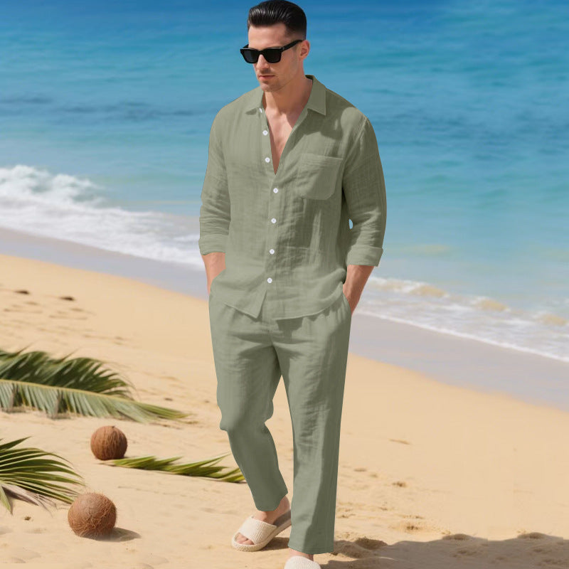 Herren leichtes Leinen-Outfit mit stilvollem Hemd und eleganter Hose Aliams