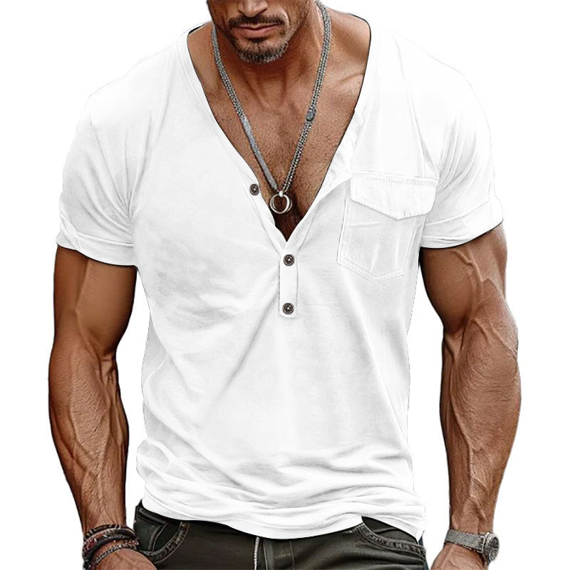 Herren V-Ausschnitt Henley-T-Shirt mit Brusttasche und atmungsaktiver Baumwolle Aliams