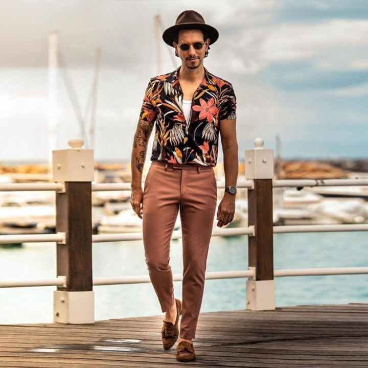 Herren Kurzarm-Hemd mit floralen Mustern und modischem Kragen Aliams