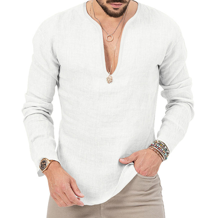 Herren stilvolles Langarm-Henley-Hemd aus atmungsaktivem Leinen Aliams