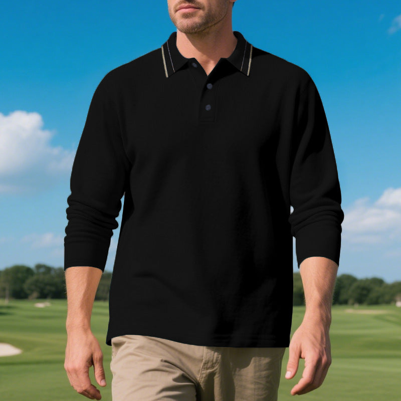 Herren elegantes Langarm-Polohemd mit kontrastierendem Kragen und modischen Knopfdetails Aliams