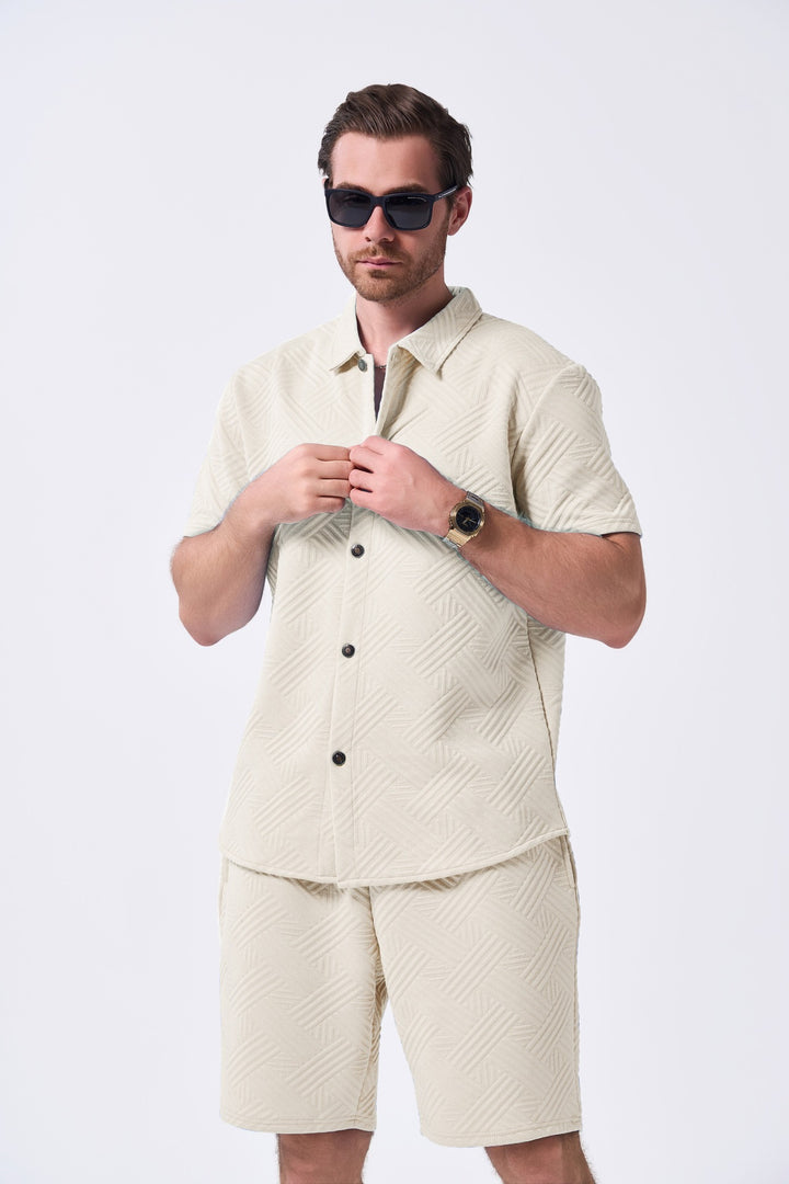 Herren Freizeit Kurzarmhemd und Shorts Set mit strukturiertem Muster Aliams