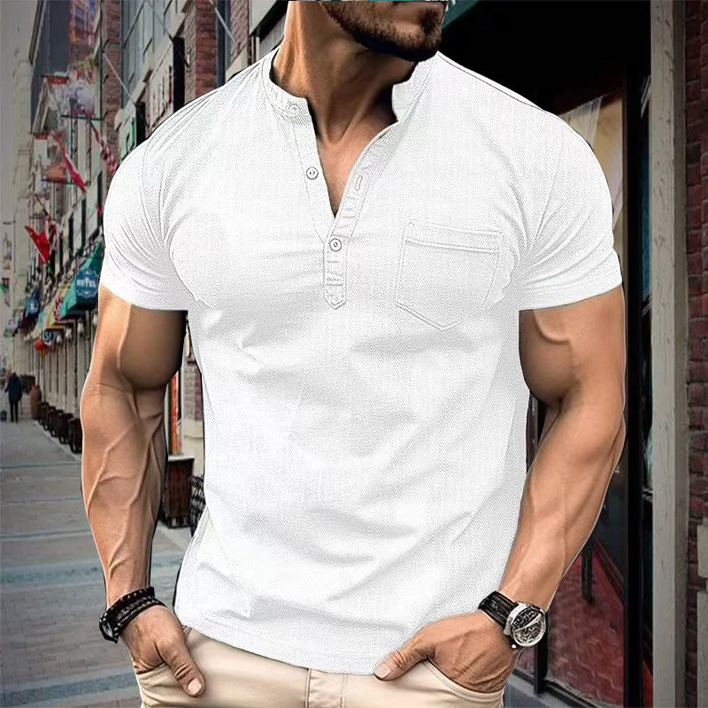 Herren elegantes Kurzarmhemd mit modernem Stehkragen und praktischer Brusttasche Aliams