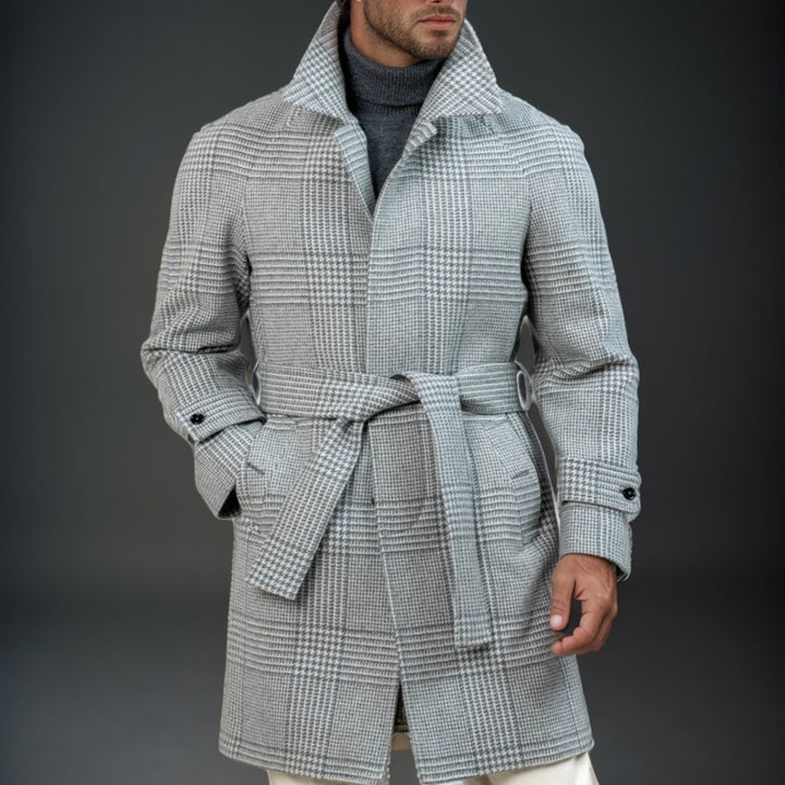Herren eleganter Karomantel mit Taillengürtel Aliams