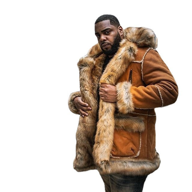 Herren Extravaganter Lammfellmantel mit voluminösem Kunstfellbesatz Aliams