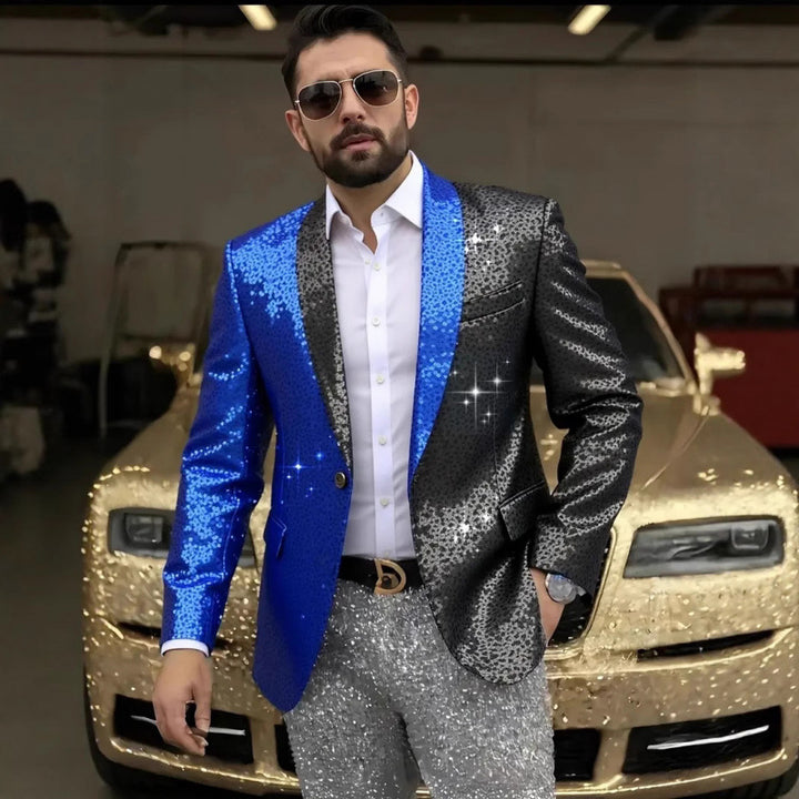 Herren Glänzender Pailletten-Blazer mit kontrastierenden Farben Aliams