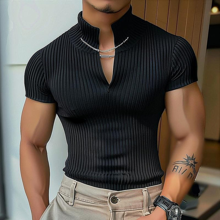 Damen Kurzarm Hemd mit V-Ausschnitt und strukturiertem Rippenmuster Aliams