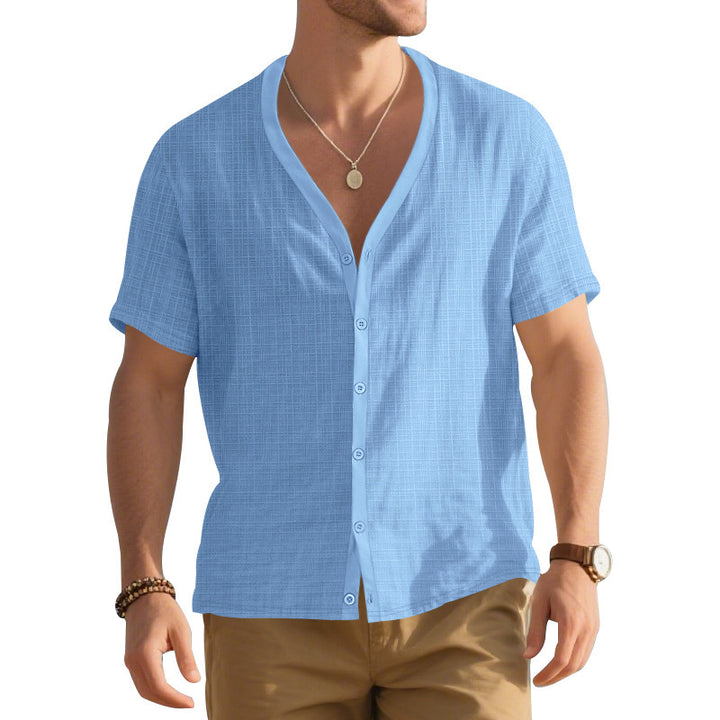 Herren Kurzarm-Henley-Hemd mit modischem V-Ausschnitt und strukturiertem Design Aliams