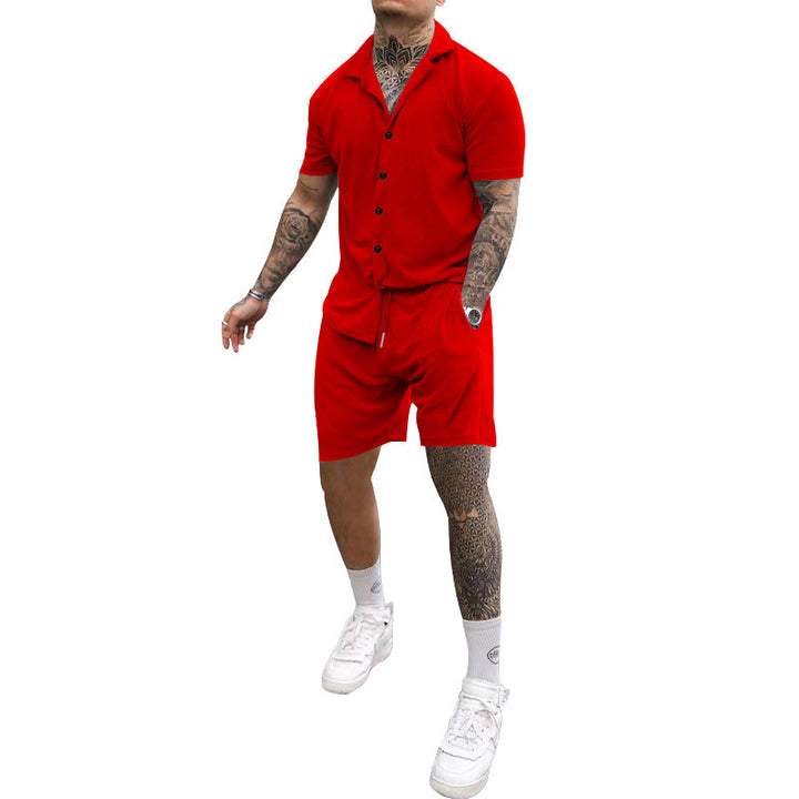 Herren Freizeit-Kurzarm-Set mit Knopfleiste und verstellbarem Kordelzug Aliams