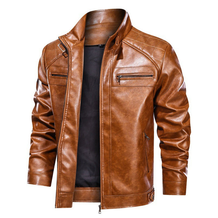 Herren elegante Lederjacke mit asymmetrischem Reißverschluss und praktischen Taschen Aliams