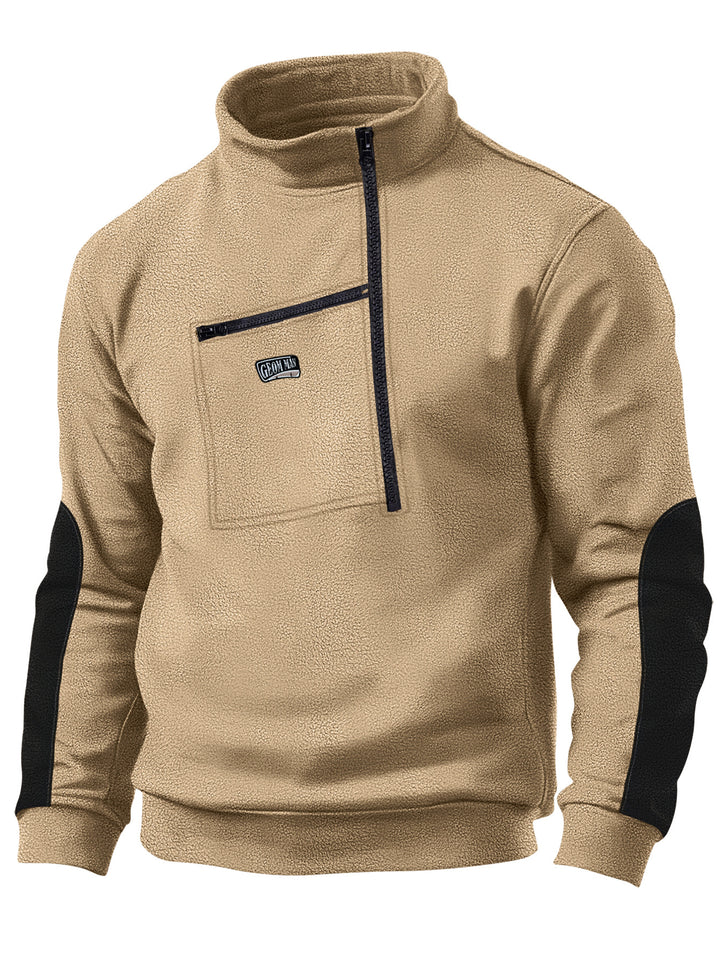 Herren Fleece-Pullover mit dickem Kragen und praktischer Brusttasche Aliams