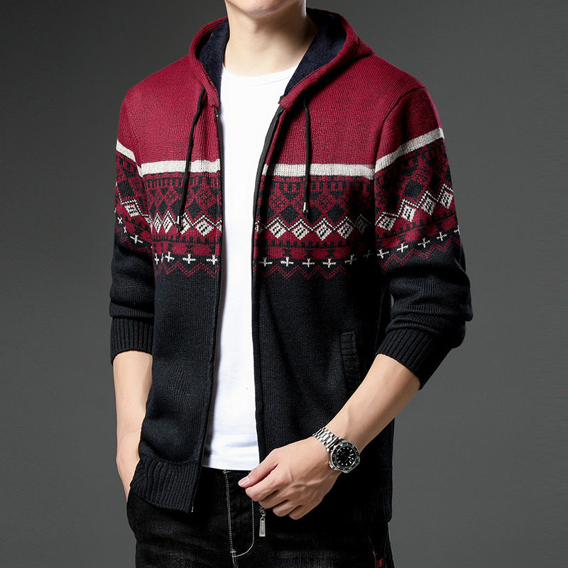 Herren gemusterte Strickjacke mit Kapuze und komfortablem Schnitt Aliams