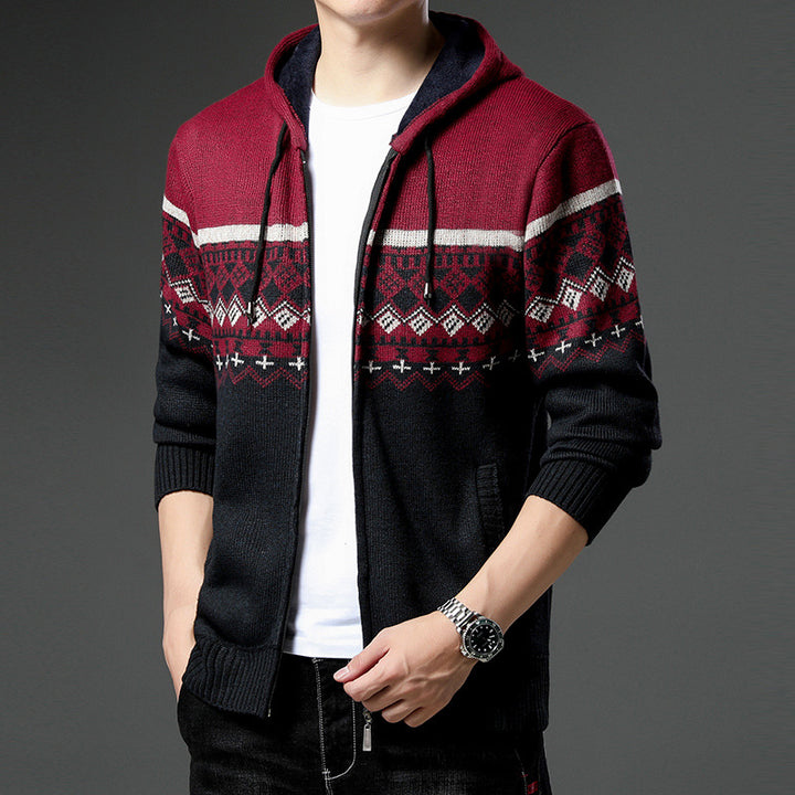 Herren gemusterte Strickjacke mit Kapuze und komfortablem Schnitt Aliams