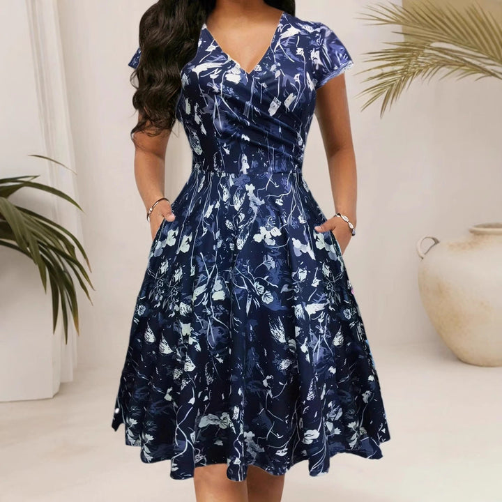 Damen Blumenkleid mit V-Ausschnitt und Taschen Aliams