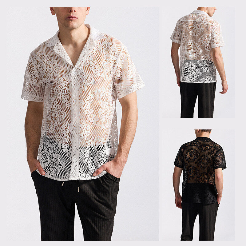 Herren Designer-Hemd aus transparentem Häkelmaterial mit floralem Muster Aliams