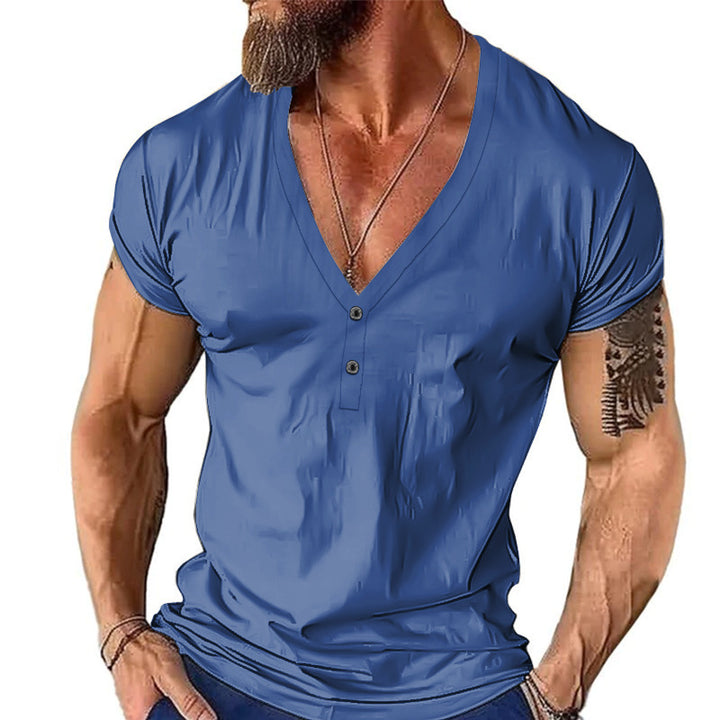 Herren Kurzarm Henley T-Shirt mit stylischem Kragen und zwei Knöpfen Aliams