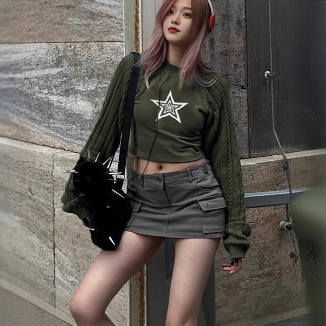 Damen Cropped Pullover mit grafischem Sternenmotiv und strukturiertem Armdesign Aliams