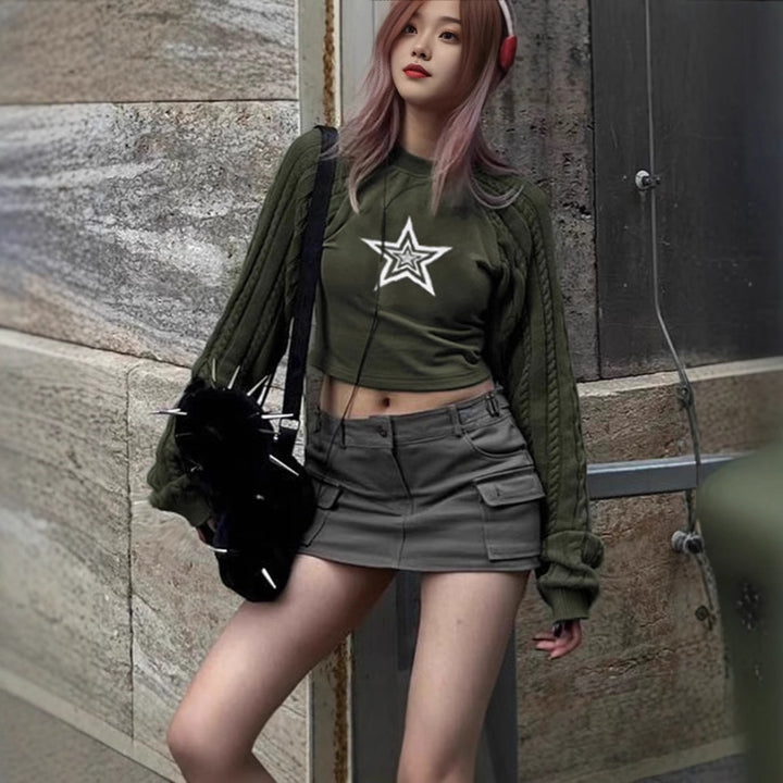 Damen Cropped Pullover mit grafischem Sternenmotiv und strukturiertem Armdesign Aliams