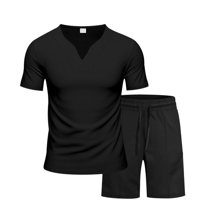 Herren Sportliches Freizeit-Set mit atmungsaktivem V-Ausschnitt T-Shirt und elastischen Shorts Aliams