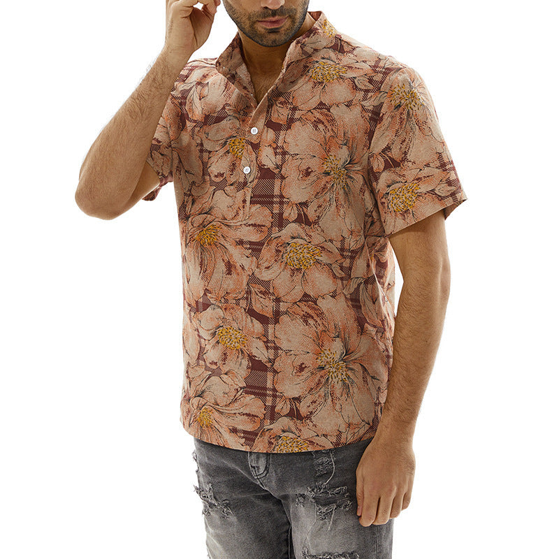 Herren Kurzarm-Hemd mit floralem Muster und modischem Stehkragen Aliams