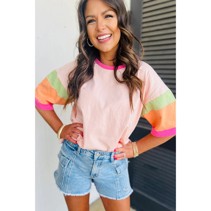 Damen Lässiges T-Shirt mit Bunten Ärmeln Aliams