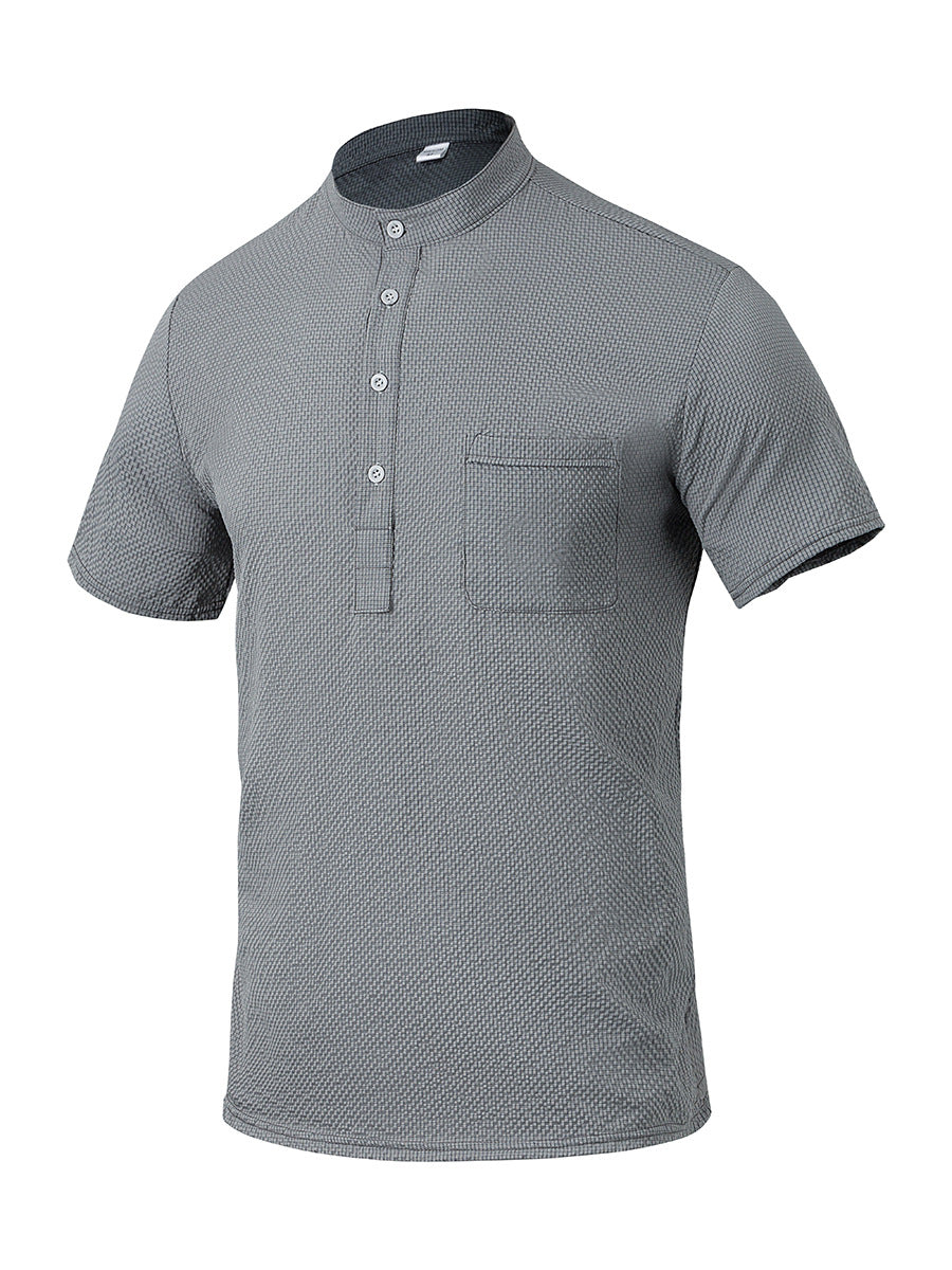 Herren Kurzarm-Hemd mit modernem Stehkragen und subtiler Struktur Aliams