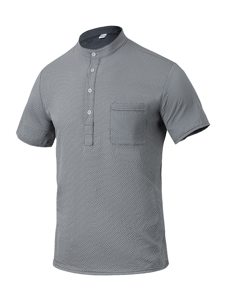 Herren Kurzarm-Hemd mit modernem Stehkragen und subtiler Struktur Aliams