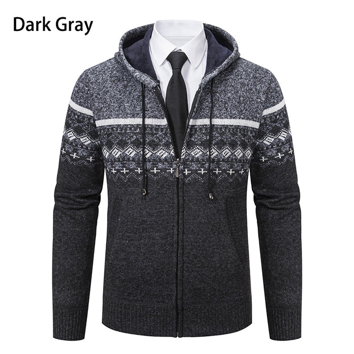 Herren stilvolle Strickjacke mit Kapuze und Norweger-Muster Aliams