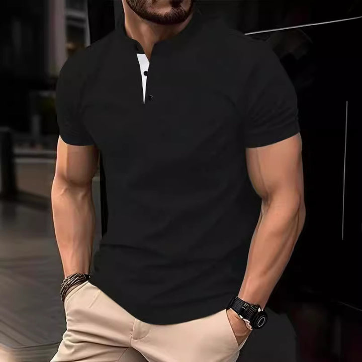 Herren elegantes Kurzarm-Polohemd mit Stehkragen und Knopfleiste Aliams