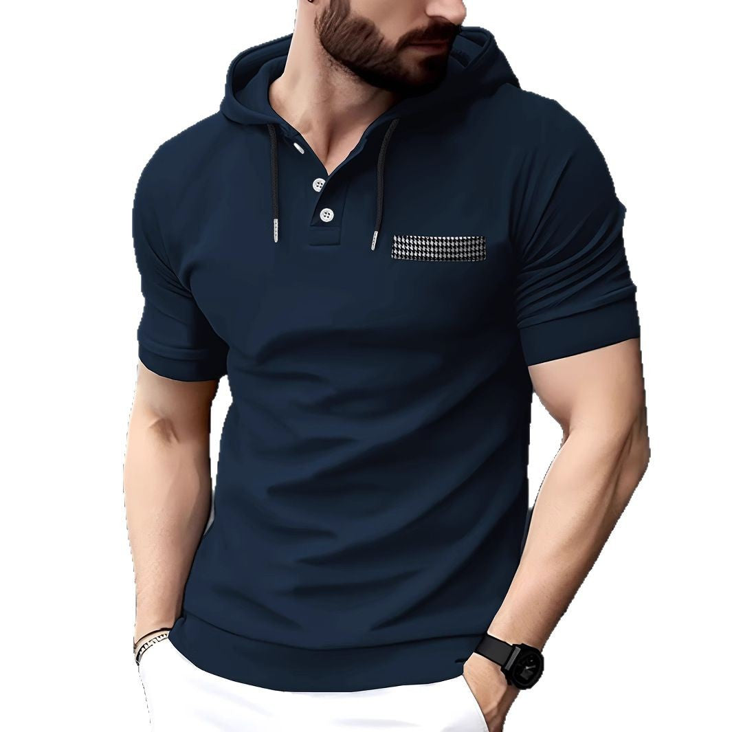 Stylisches Herren Polo mit kurzem Arm und Kapuze mit Kontrasttasche Aliams