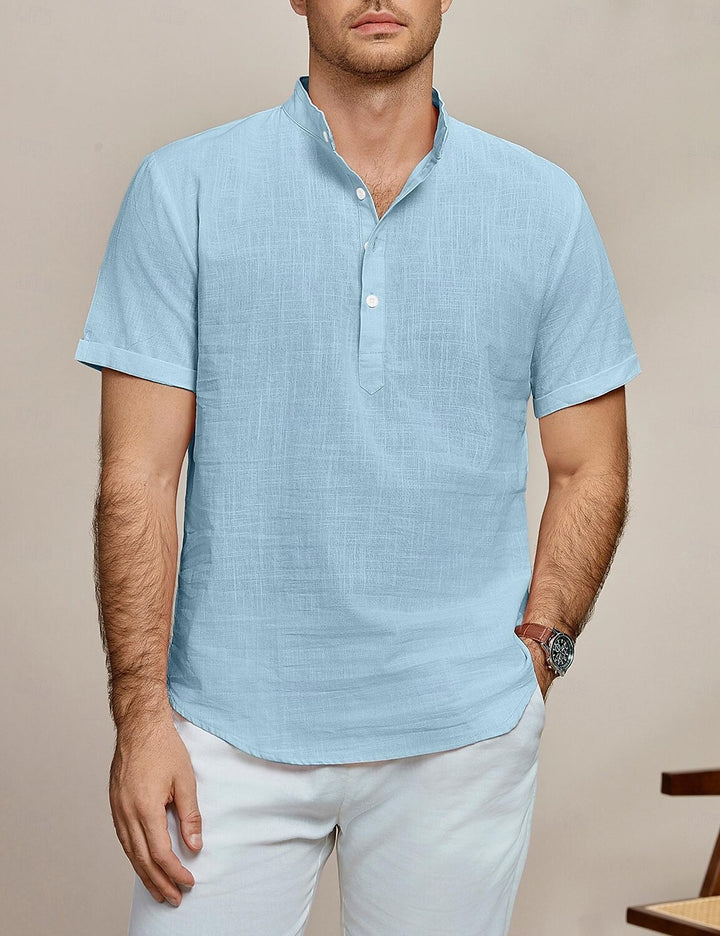 Herren Kurzarm Leinenhemd mit Stehkragen Aliams