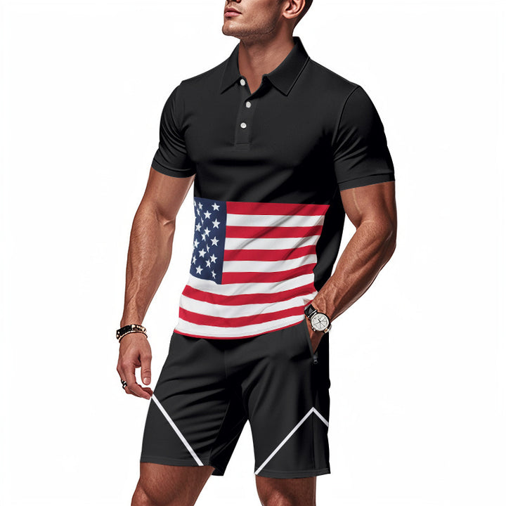 Herren Polo-Shirt und Shorts-Set mit Flaggenmotiven und modernem Schnitt Aliams
