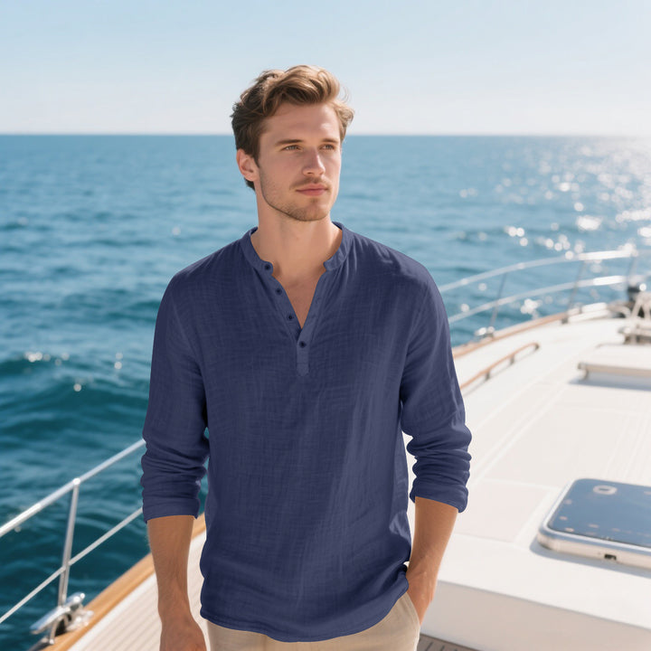 Herren elegantes Langarmhemd mit modischem Stehkragen und strukturierter Oberfläche Aliams