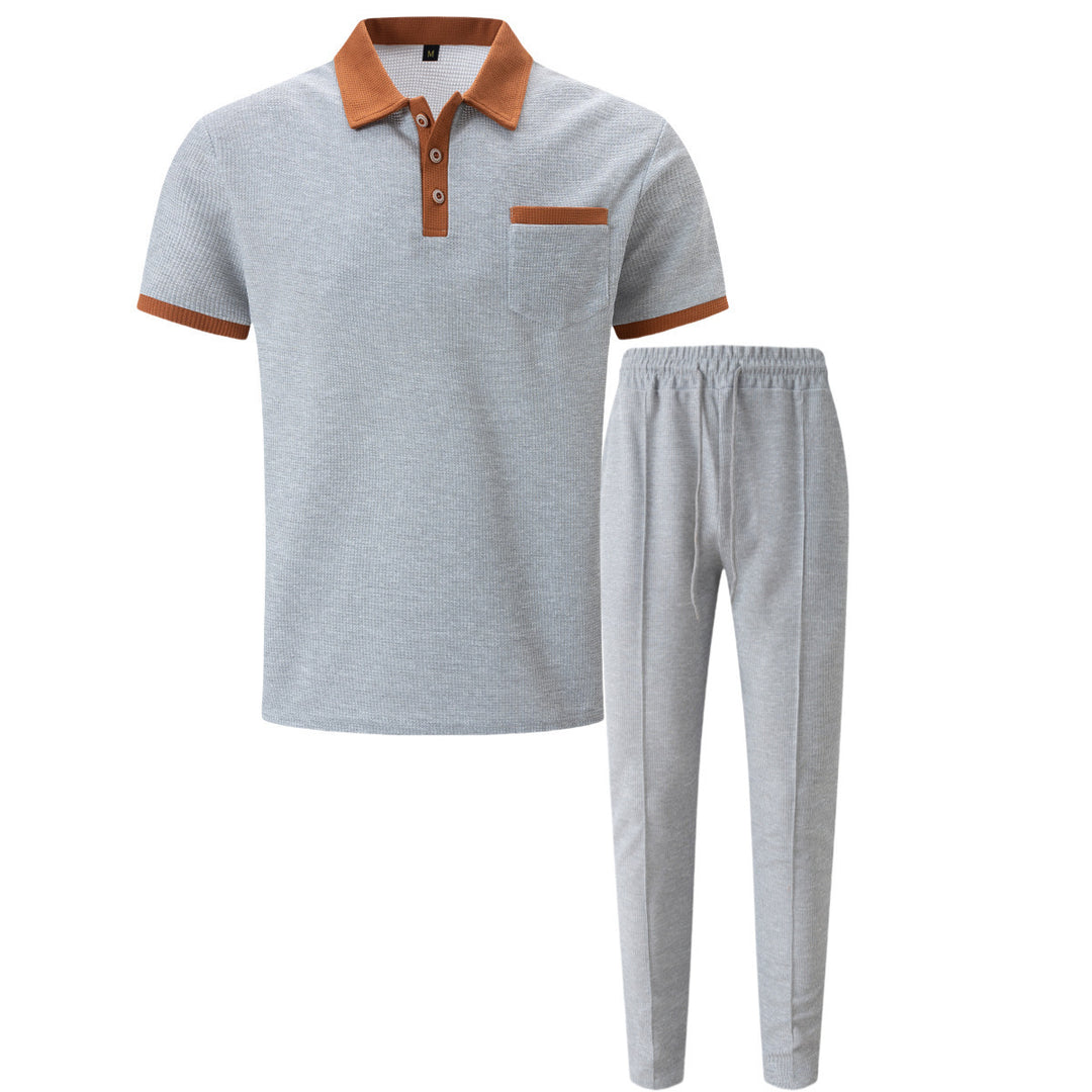 Herren elegantes Freizeit-Set mit strukturiertem Poloshirt und bequemer Hose Aliams