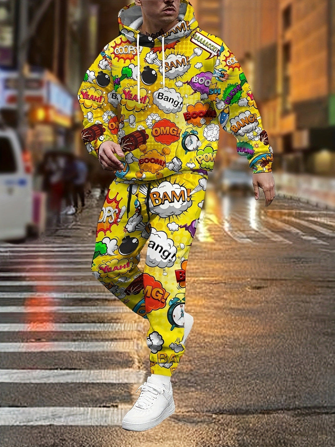 Herren Hoodie und Jogginghose im Comic-Stil mit buntem Druck Aliams